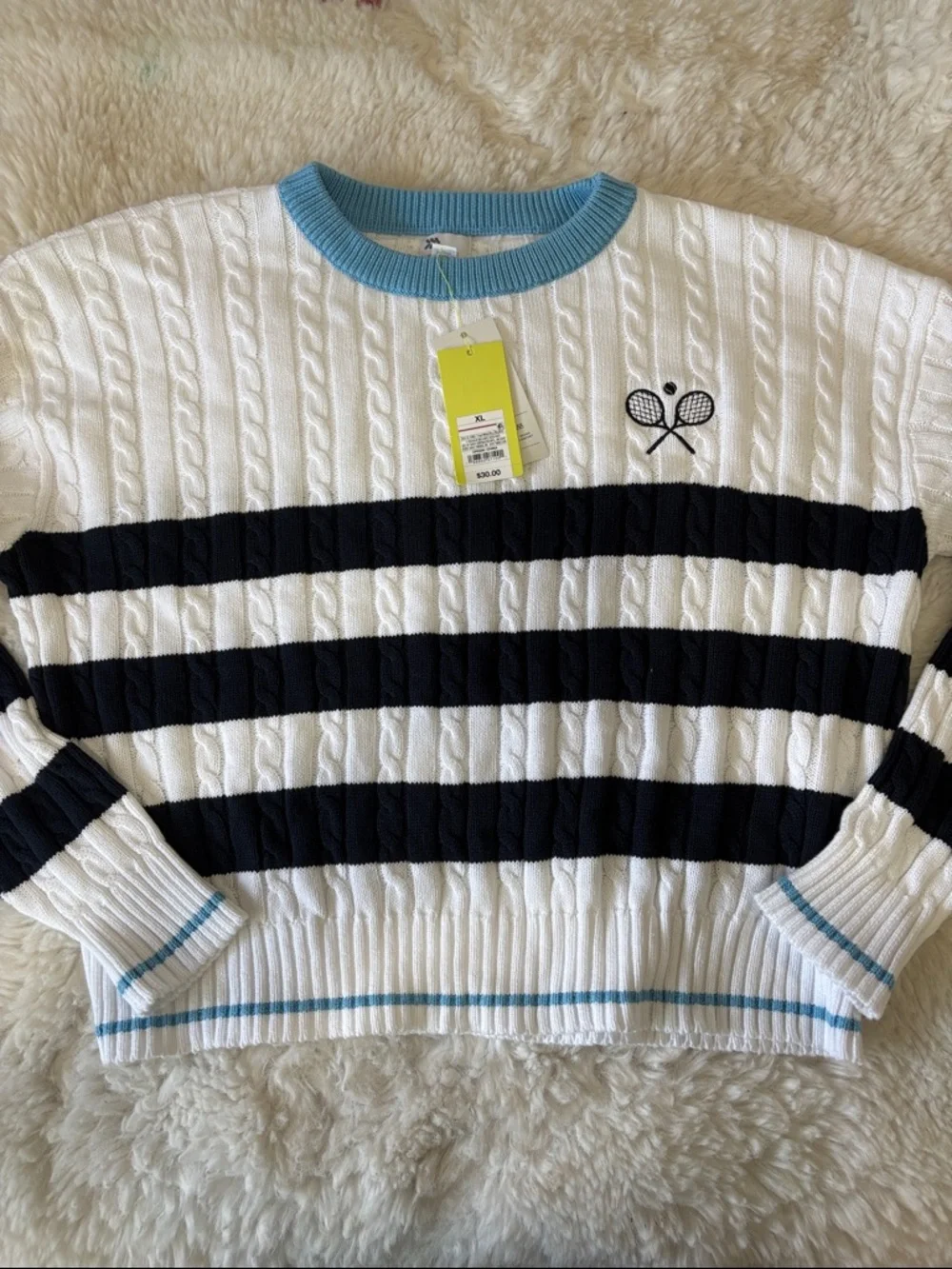all in motion White Cable-Knit Sweater with Navy Stripes & Light Blue Trim - Picture 1 of 2